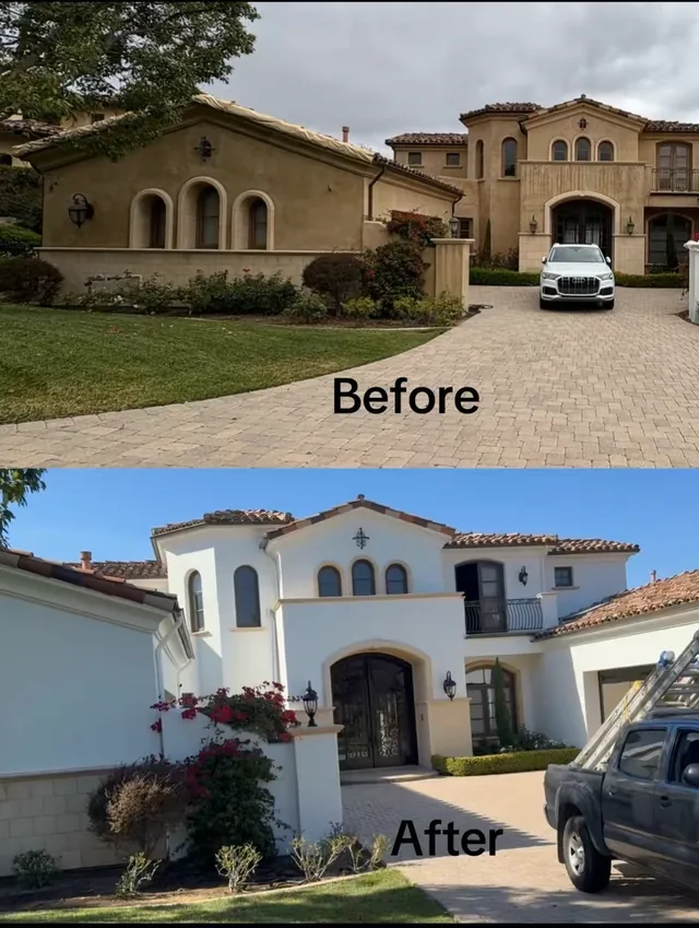 Before and after of a two-story Mediterranean home: tan stucco repainted bright white with dark trim and fresh accents.
